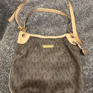 Michael Kors Brown and Tan Shoulder Bag with Monogram Print